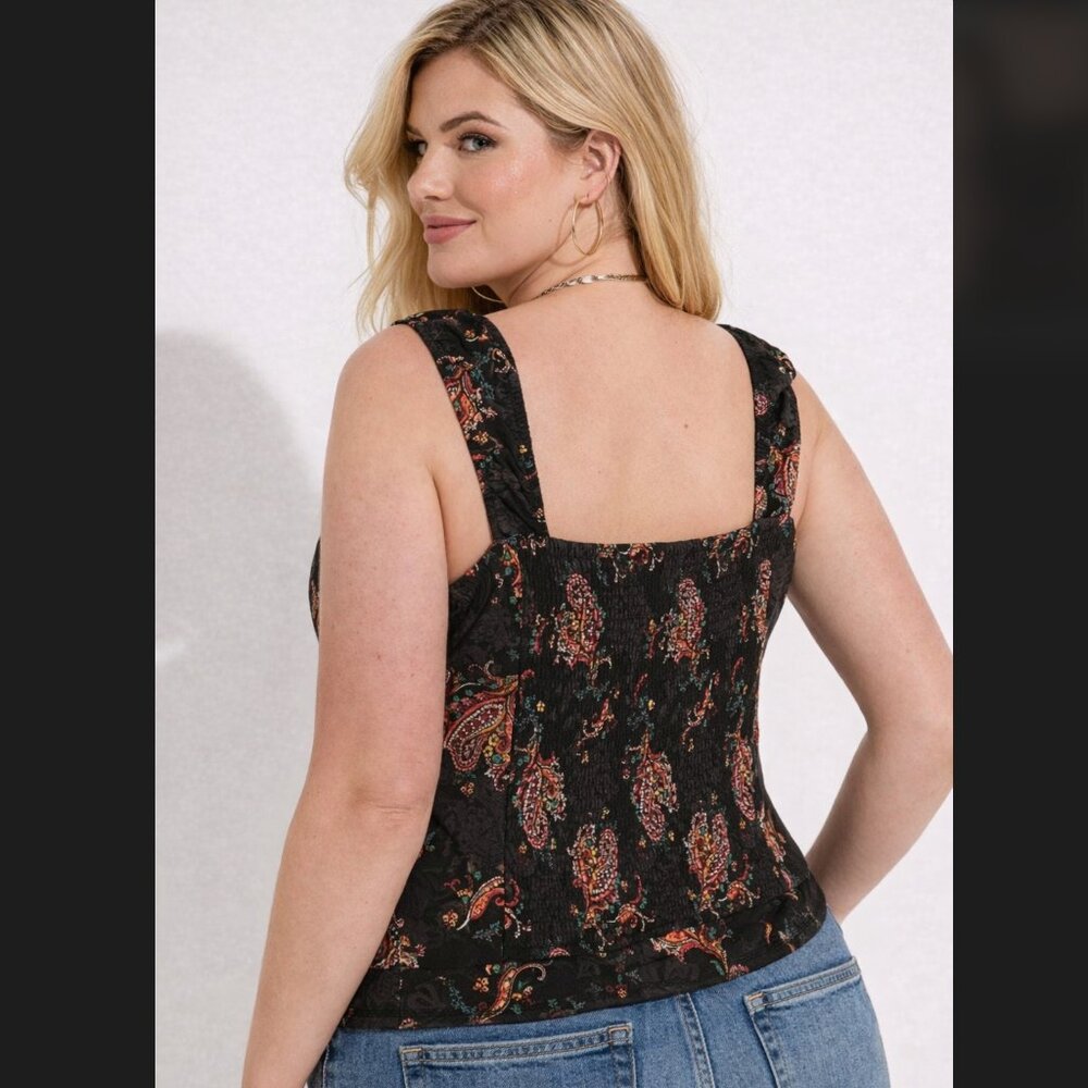 Torrid Challis Smocked Top 1X 14 16 Black Paisley Floral Sweetheart Boho Crop - Picture 9 of 12